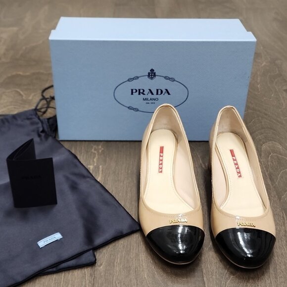 100% Authentic!! Prada Logo Black Beige Patent Block Heels Pumps - Picture 10 of 10